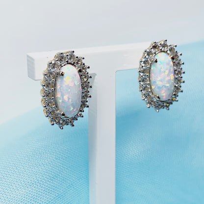 Gold oval opal and cubic zirconia earrings