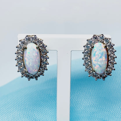 Gold oval opal and cubic zirconia earrings