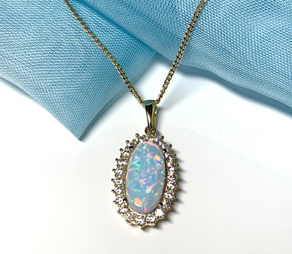 Gold oval opal and cubic zirconia necklace pendent