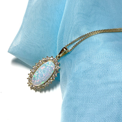 Gold oval opal and cubic zirconia necklace pendent