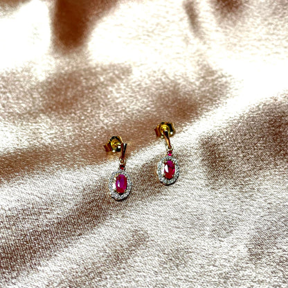 Yellow gold red oval ruby and diamond drop earrings