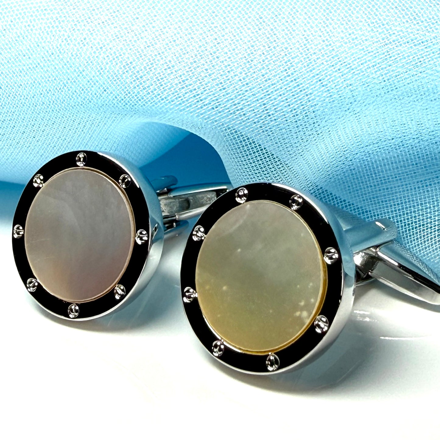 Round cufflinks real Mother of Pearl silver plated