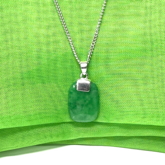 Gorgeous necklace with real green jade sterling silver cushion shaped pendant