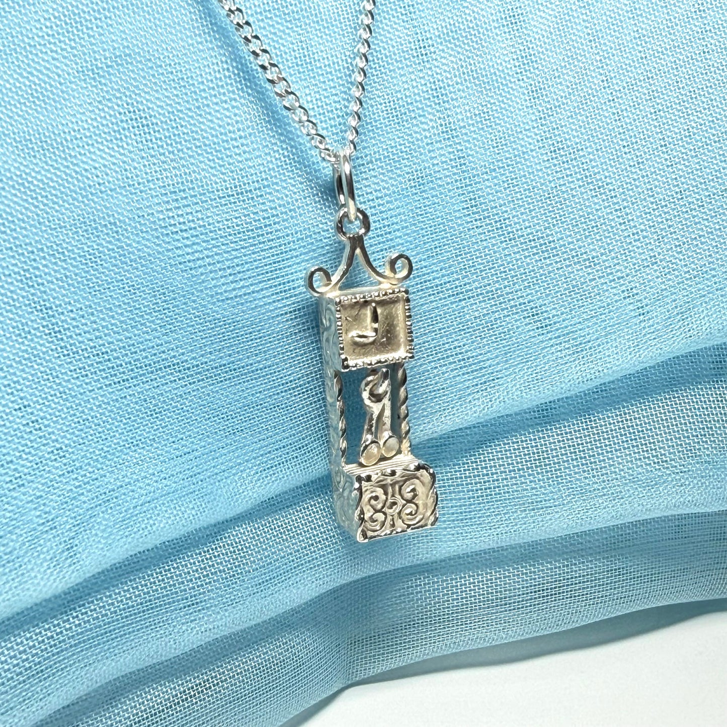 Grandfather Clock Necklace Solid Sterling Silver Charm Pendant