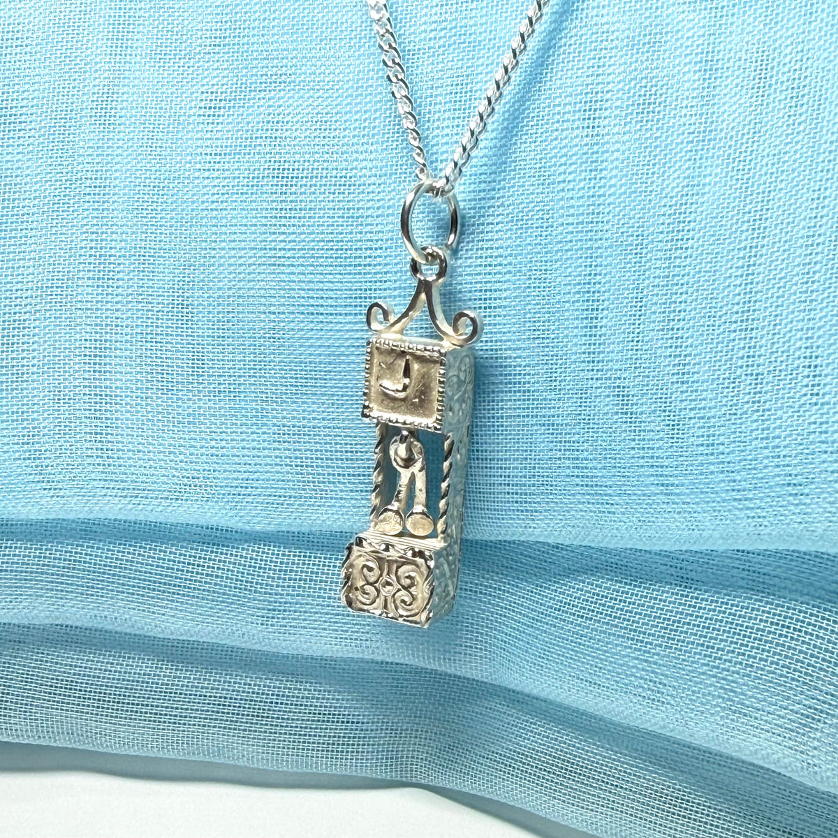 Grandfather Clock Necklace Solid Sterling Silver Charm Pendant