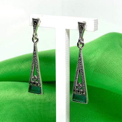 Green Agate And Marcasite Drop Kite Shaped Earrings Sterling Silver