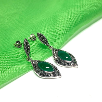 Green Agate And Marcasite Drop Shaped Earrings Sterling Silver