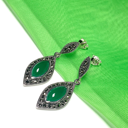 Green Agate And Marcasite Drop Shaped Earrings Sterling Silver