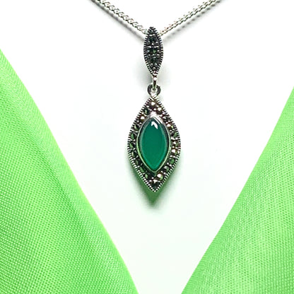 Green Agate And Marcasite Drop Shaped Necklace Sterling Silver