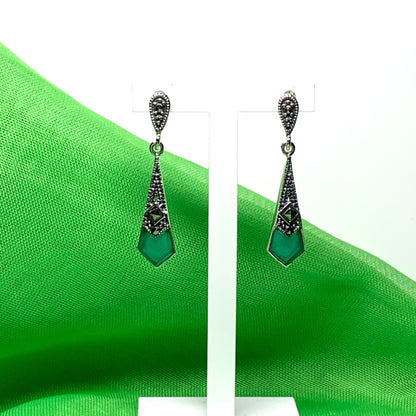 Green Agate And Marcasite Long Drop Kite Shaped Earrings Sterling Silver