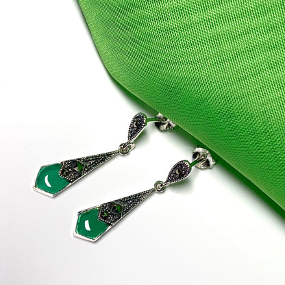 Green Agate And Marcasite Long Drop Kite Shaped Earrings Sterling Silver