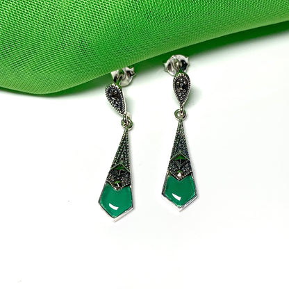 Green Agate And Marcasite Long Drop Kite Shaped Earrings Sterling Silver