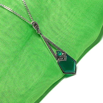 Green Agate And Marcasite Long Drop Kite Shaped Necklace Pendant Sterling Silver