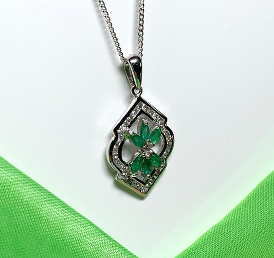 Green Emerald And Diamond White Gold Fancy Cluster Necklace