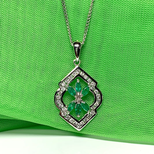 Green Emerald And Diamond White Gold Fancy Cluster Necklace