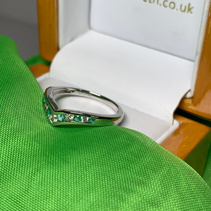 Green Emerald And Diamond White Gold Wishbone Ring Rubbed Smooth Over Setting