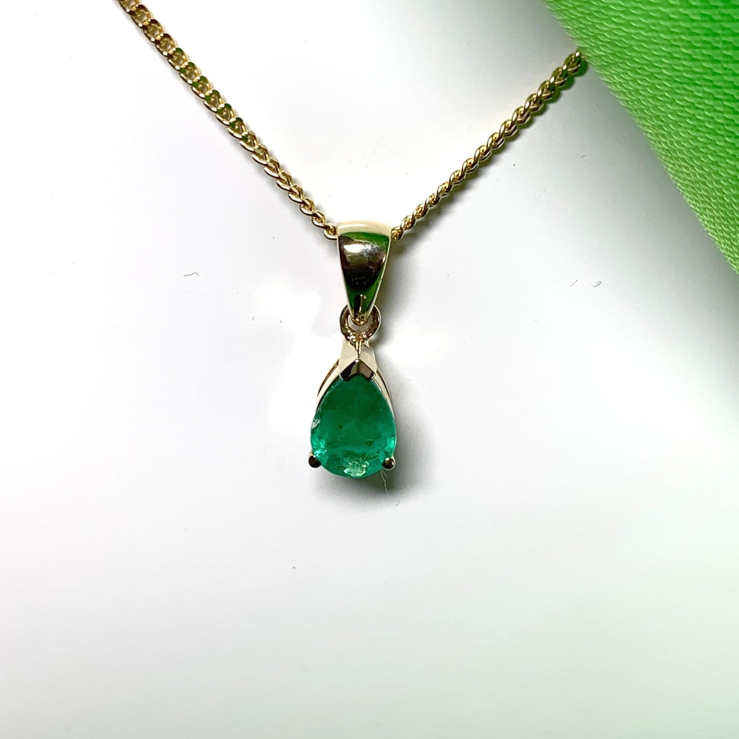 Real green emerald necklace teardrop gold pendant