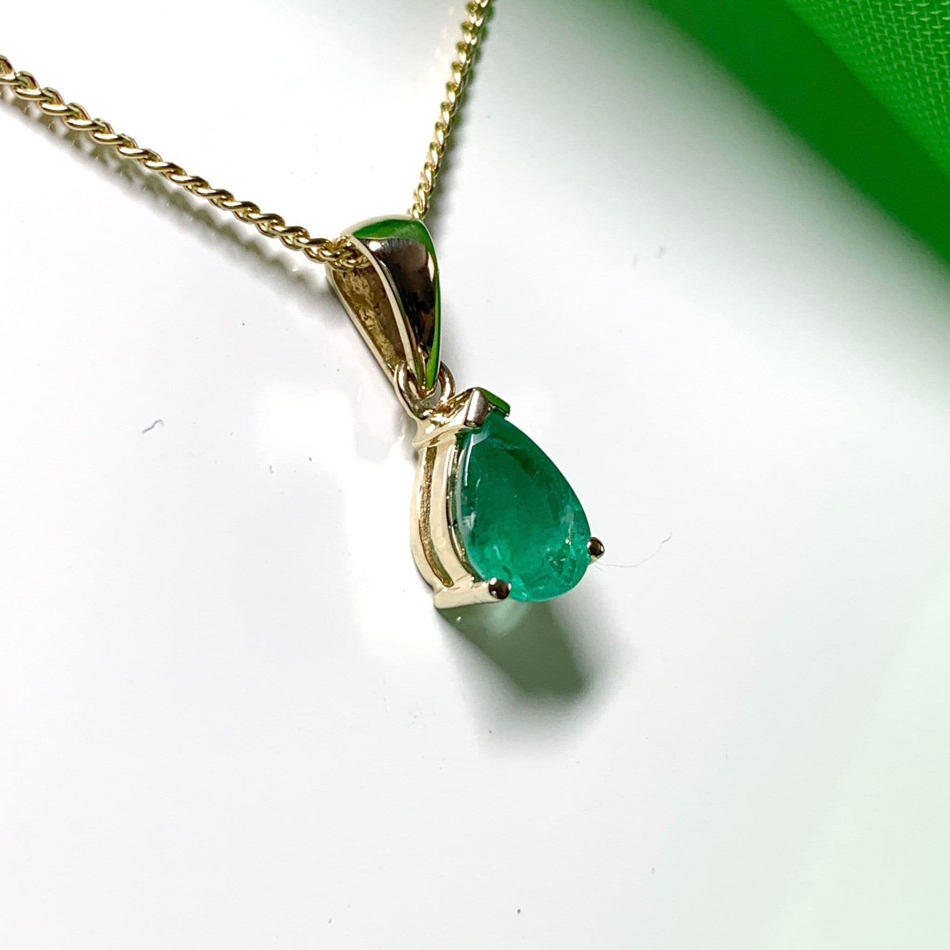 Real green emerald necklace teardrop gold pendant