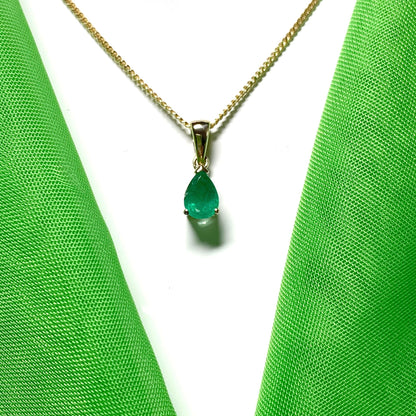 Real green emerald necklace teardrop gold pendant