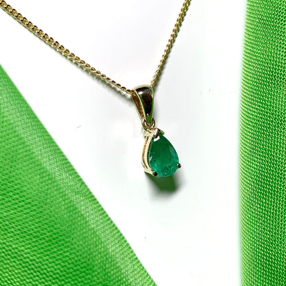 Real green emerald necklace teardrop gold pendant