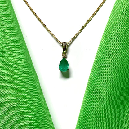 Real green emerald necklace teardrop gold pendant