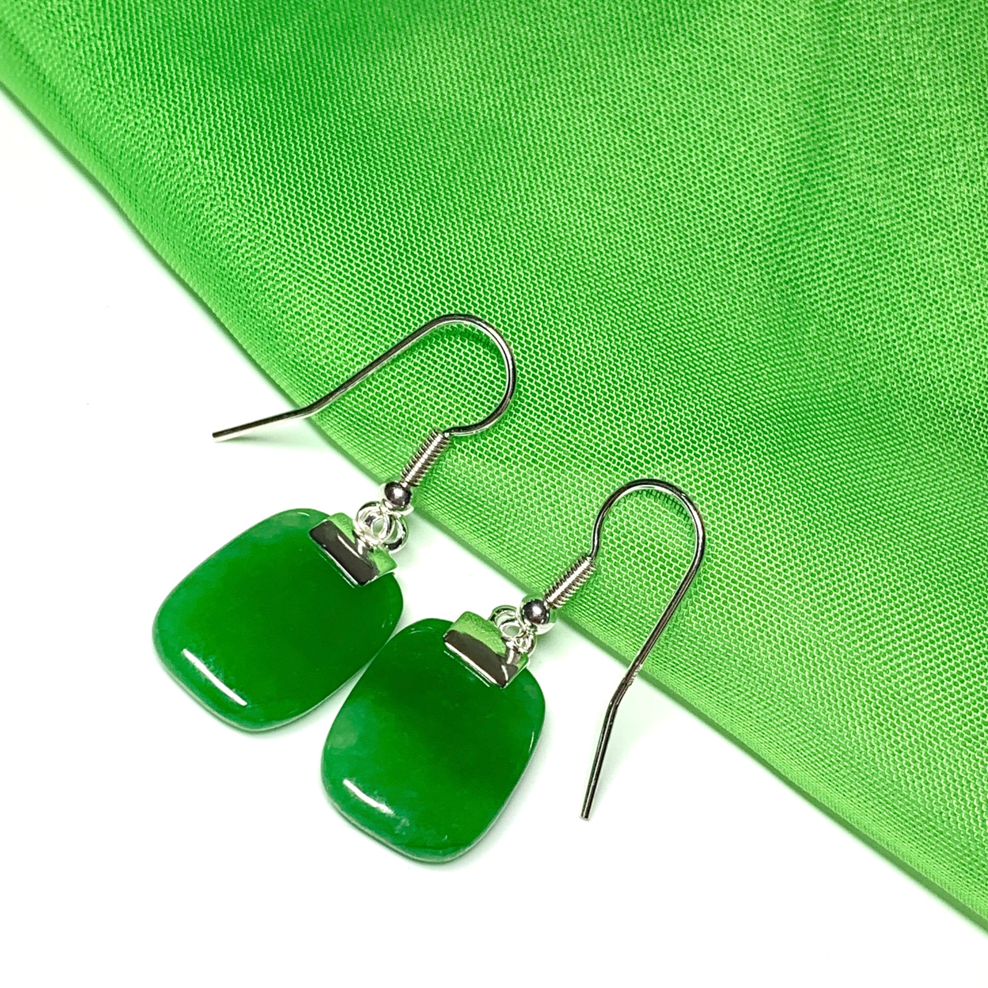 Green Jade Cushion Shaped Sterling Silver Drop Earrings