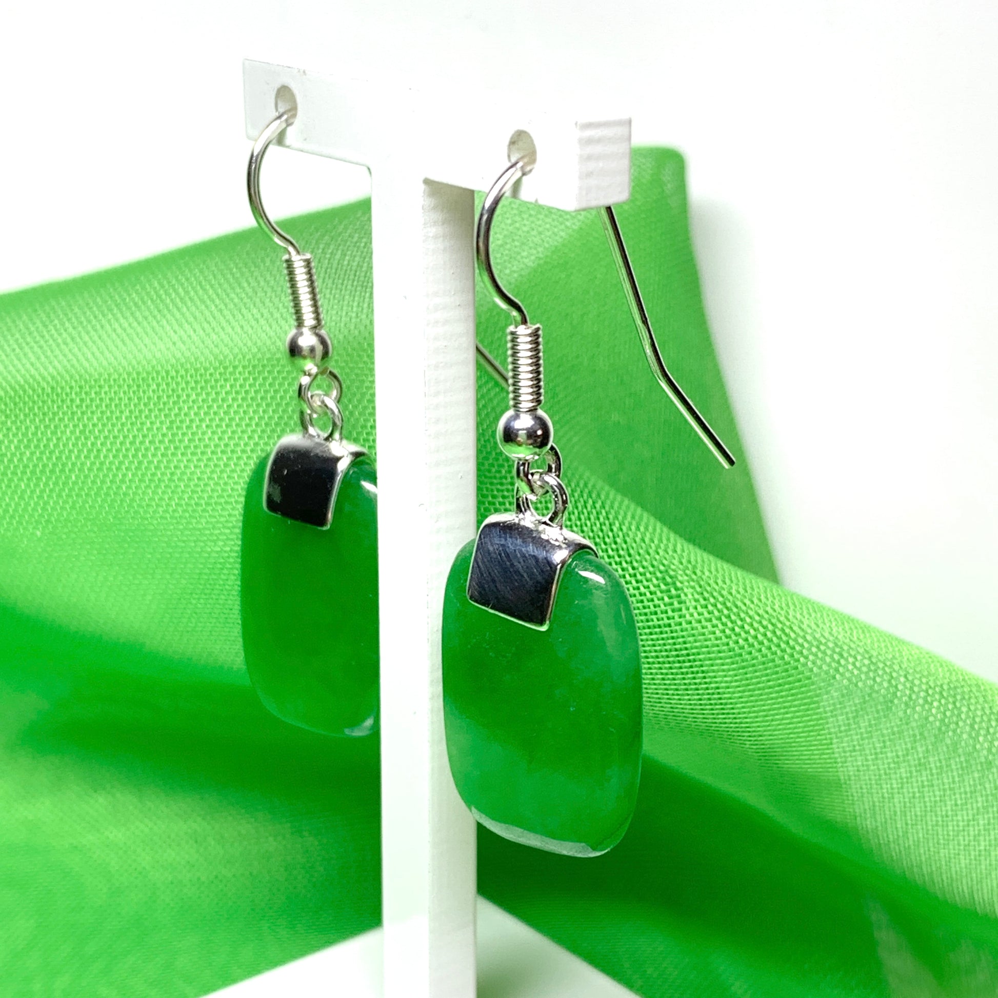 Green Jade Cushion Shaped Sterling Silver Drop Earrings