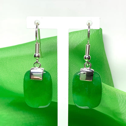 Green Jade Cushion Shaped Sterling Silver Drop Earrings