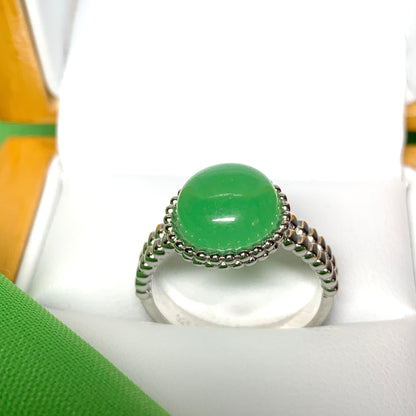 Green Jade Round Sterling Silver Patterned Bobbled Ring