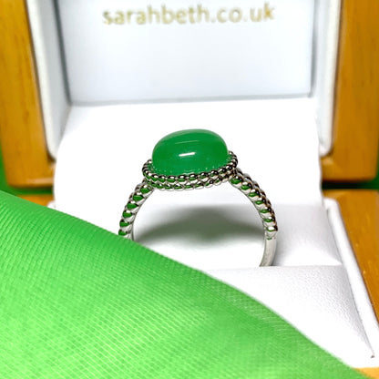 Green Jade Round Sterling Silver Patterned Bobbled Ring