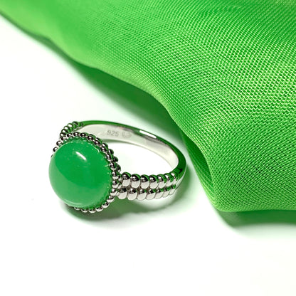 Green Jade Round Sterling Silver Patterned Bobbled Ring