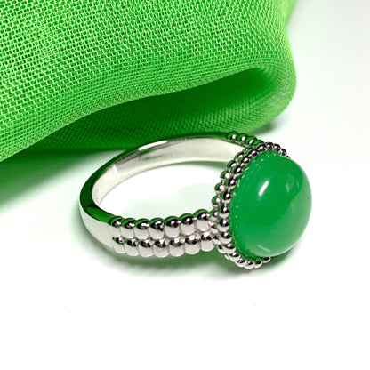 Green Jade Round Sterling Silver Patterned Bobbled Ring