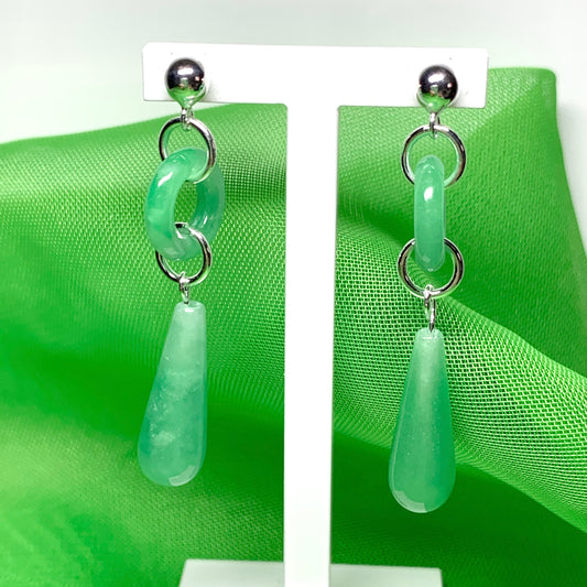 Green Jade Silver Round And Teardrop Sterling Silver Drop Earrings