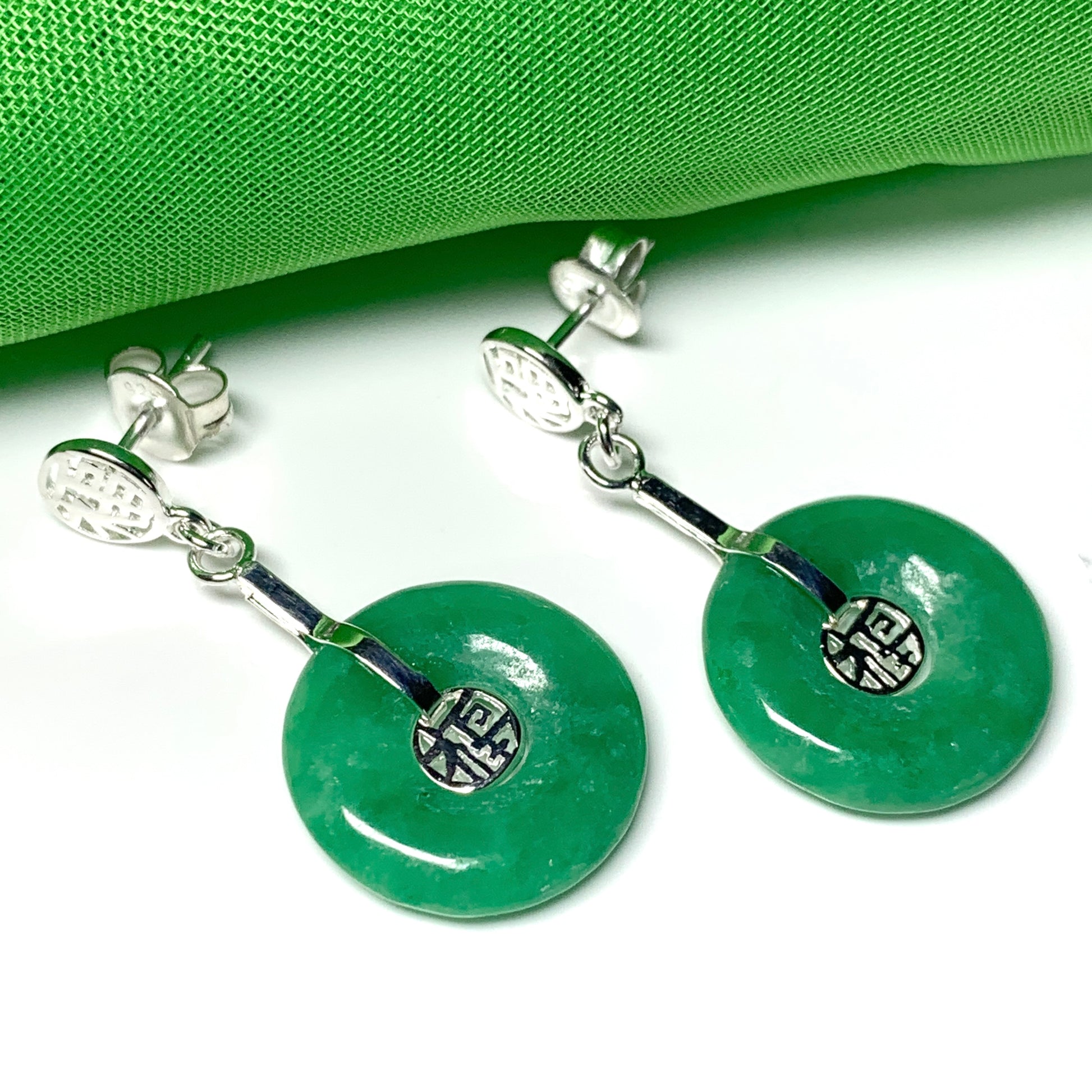 Green Jade Silver Round Fancy Drop Earrings