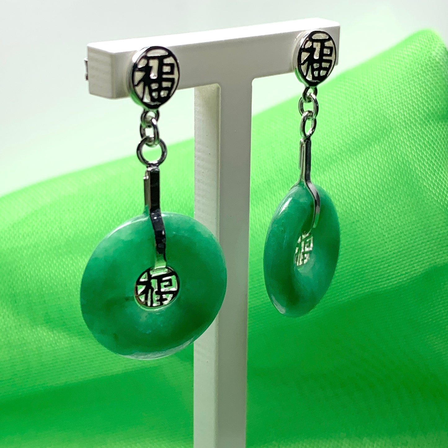 Green Jade Silver Round Fancy Drop Earrings