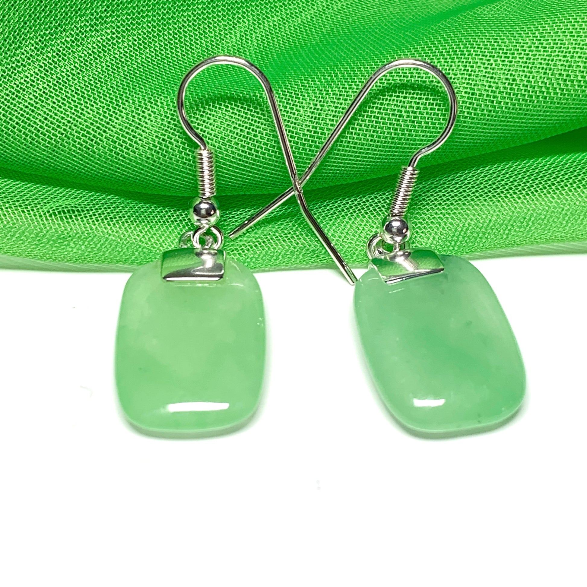 Green Jade Sterling Silver Cushion Shaped Drop Earrings