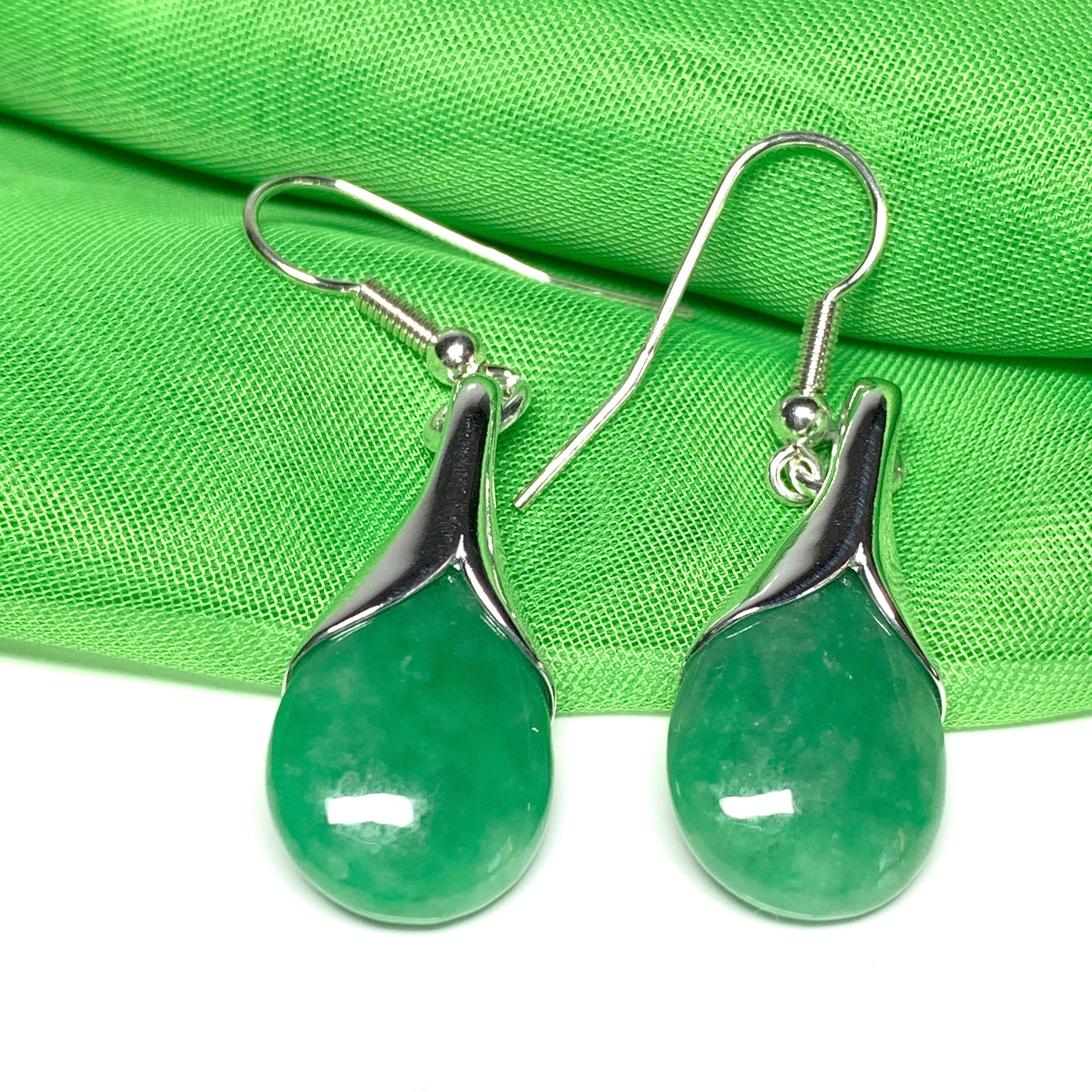 Green jade pear tear drop sterling silver shaped drop earrings