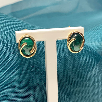 Green Malachite Gold Oval Stud Earrings