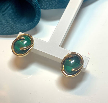 Green Malachite Gold Oval Stud Earrings