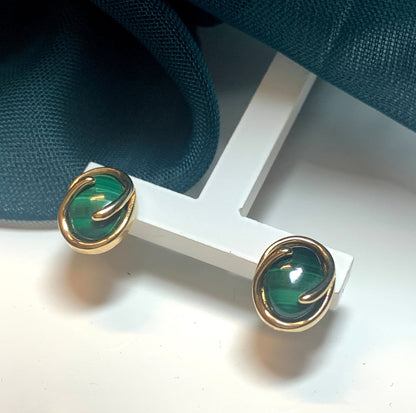 Green Malachite Gold Oval Stud Earrings