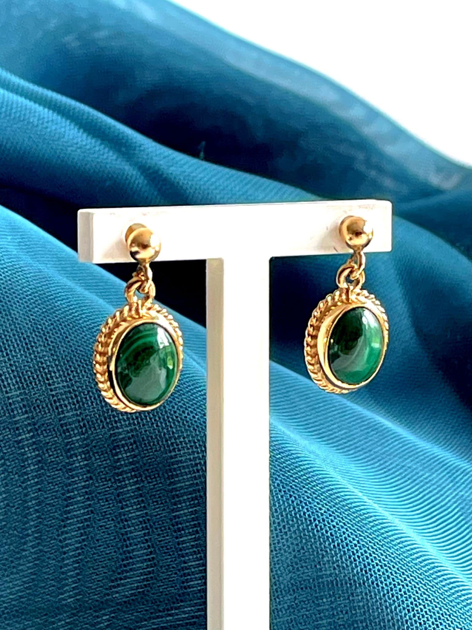 Green Malachite Yellow Gold Oval Drop Earrings