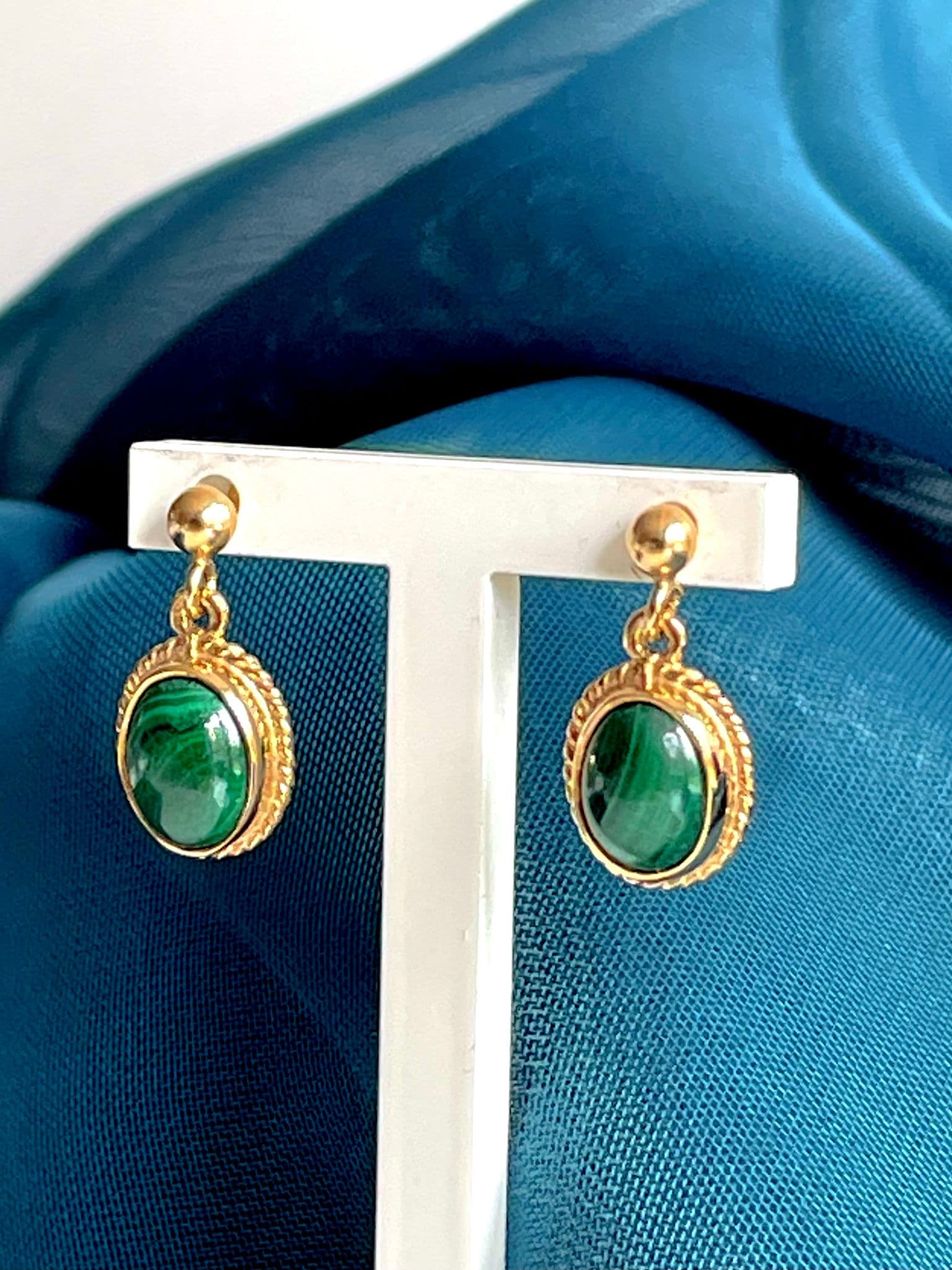 Green Malachite Yellow Gold Oval Drop Earrings