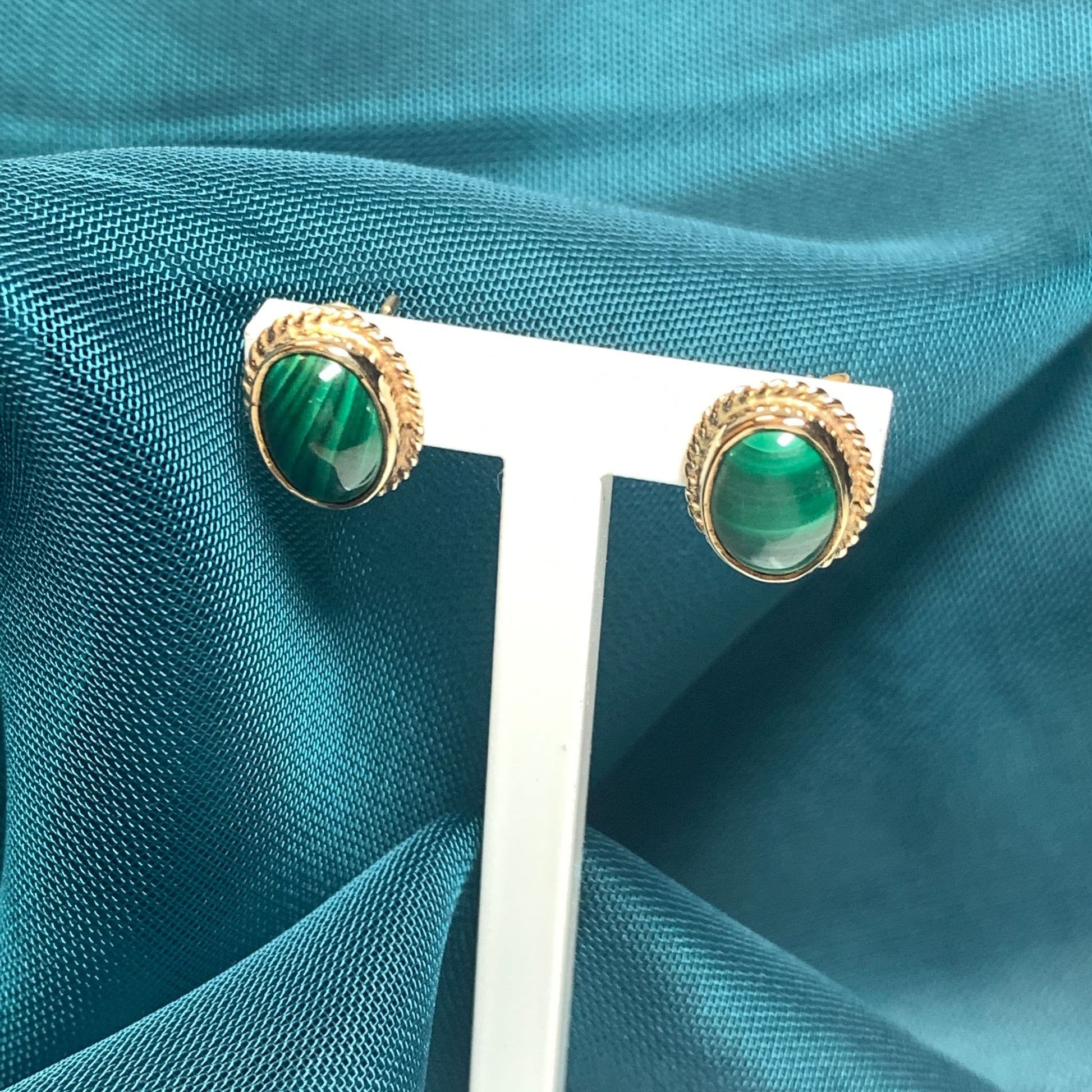 Green Malachite Yellow Gold Oval Earrings