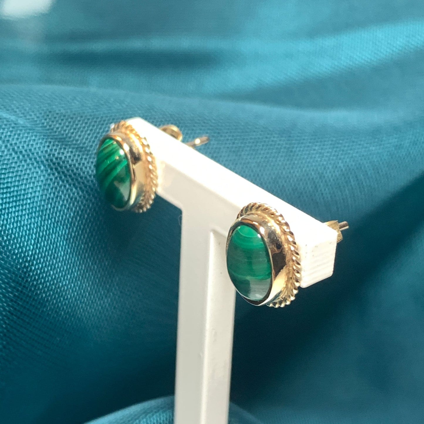 Green Malachite Yellow Gold Oval Earrings