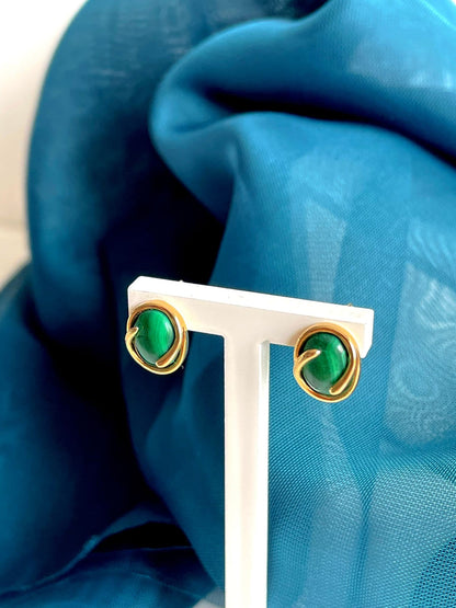 Green Malachite Yellow Gold Oval Stud Earrings