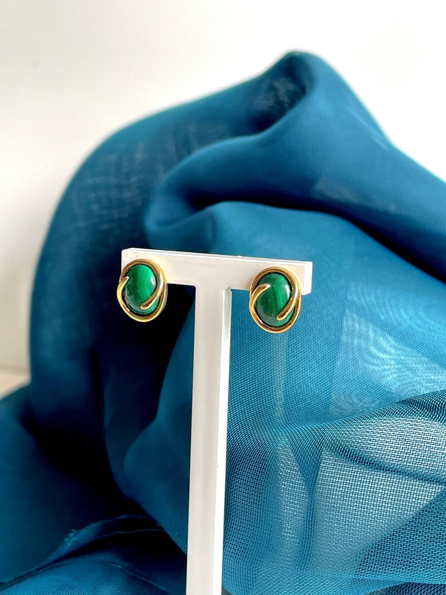 Green Malachite Yellow Gold Oval Stud Earrings