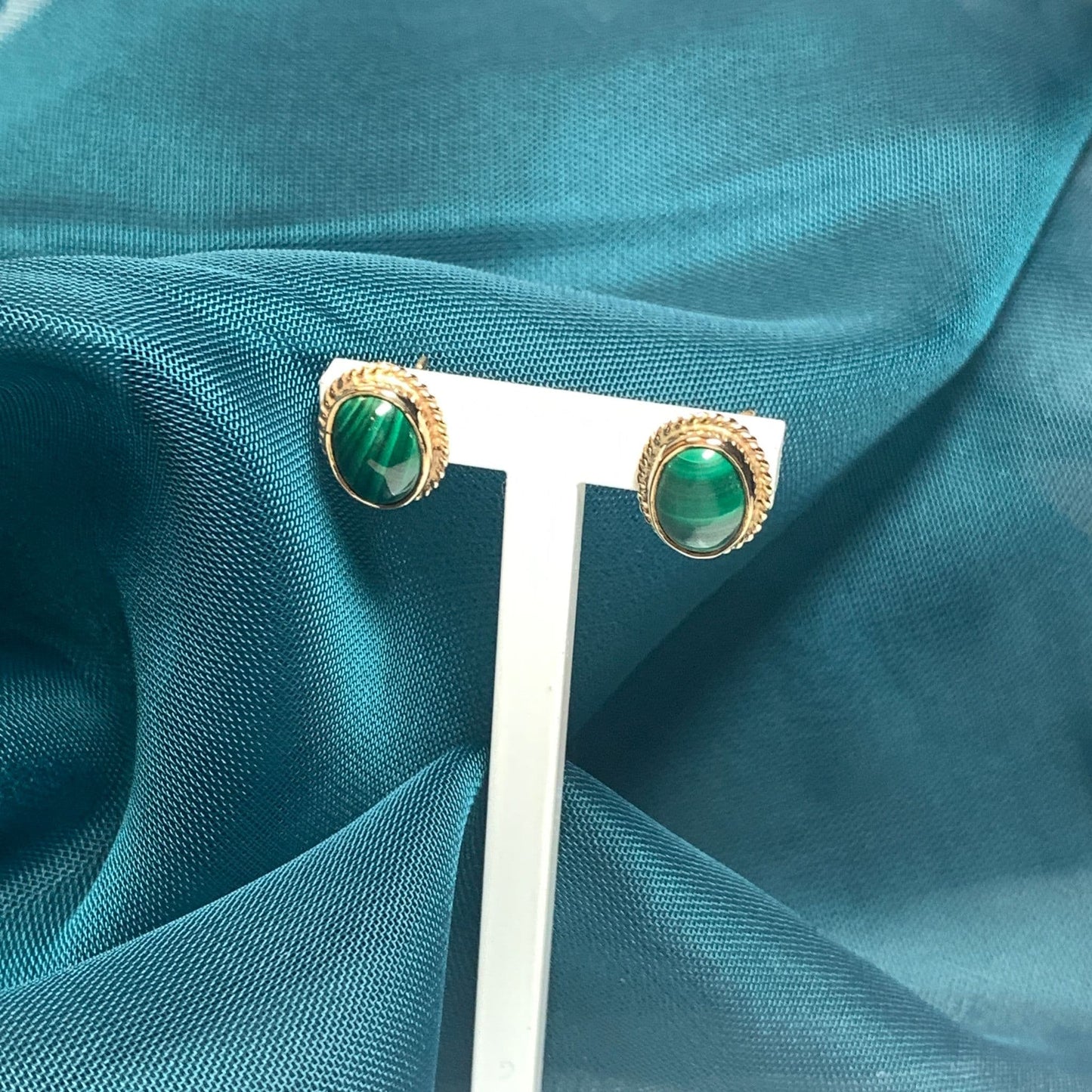 Green Malachite Yellow Gold Oval Earrings