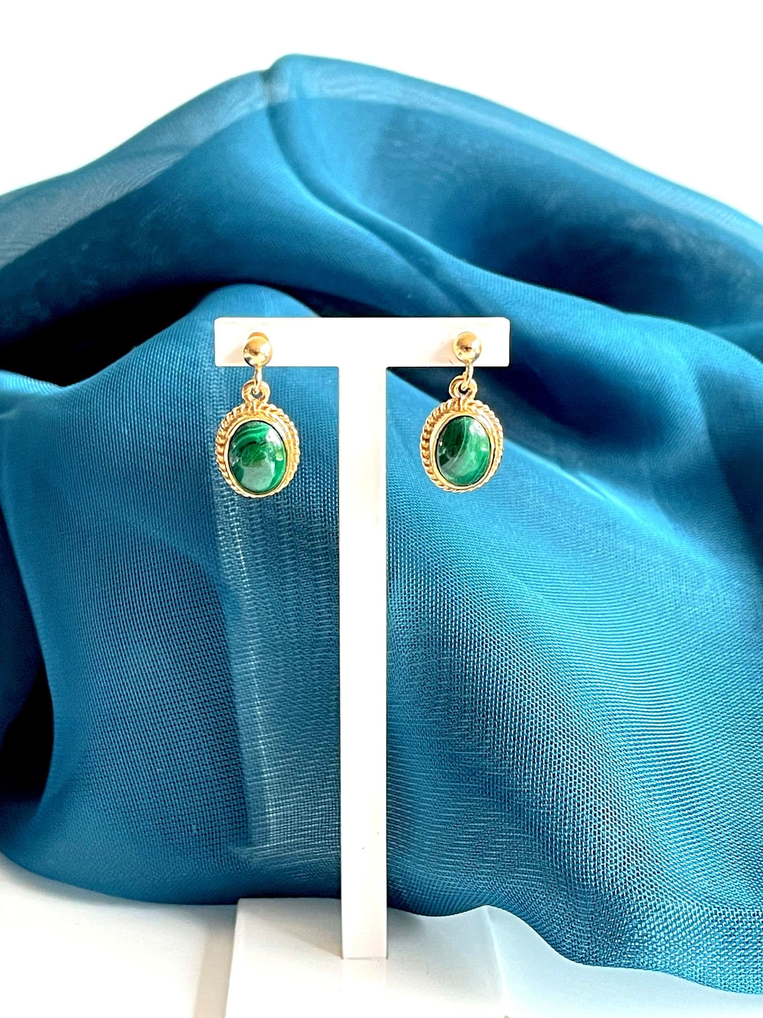 Green Malachite Yellow Gold Oval Drop Earrings