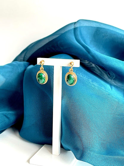 Green Malachite Yellow Gold Oval Drop Earrings