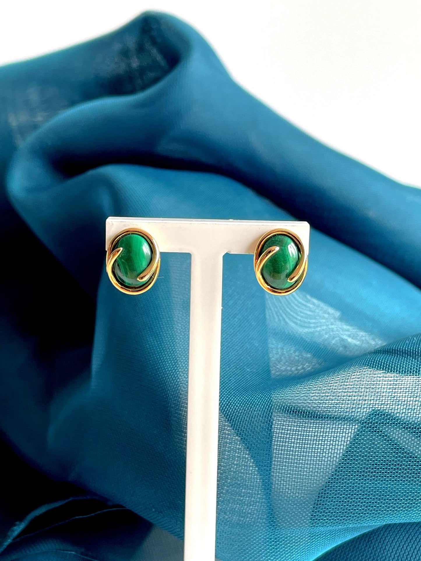 Green Malachite Yellow Gold Oval Stud Earrings